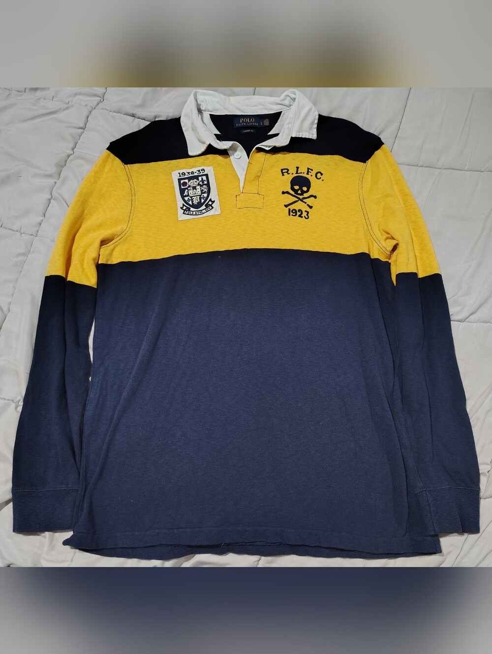 Polo Ralph Lauren RLFC Rugby Shirt Yellow Navy Skull Classic Fit Large